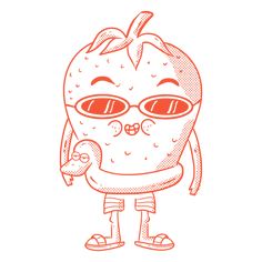 an orange cartoon character with glasses holding a hot dog in one hand and looking at the camera