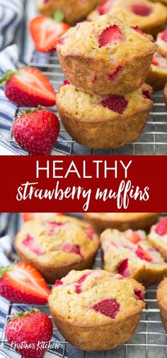 healthy strawberry muffins on a cooling rack with strawberries