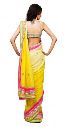 Yellow Shaded Designer Saree Yellow Pre-draped Saree For Festivals, Festive Yellow Pre-draped Saree With Mirror Work, Yellow Georgette Pre-draped Saree With Pallu, Designer Yellow Saree For Navratri, Yellow Pre-draped Saree With Mirror Work For Wedding, Yellow Pre-draped Saree With Cutdana, Yellow Traditional Wear With Mirror Work, Designer Yellow Saree With Mirror Work, Yellow Semi-stitched Pre-draped Saree For Festivals