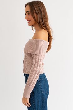 Cable knit sweater top Off the shoulder Cropped fit Fold over sleeves Front zipper closure Fitted knit band around sleeves True to size Dusty blush color Model is 5'9", Bust 32", Waist 14", and wearing a size Dusty Blush, Knit Sweater Top, Concert Fashion, Off The Shoulder Sweater, Rose Sweater, Zippered Sweater, Keep In Touch, Going Out Outfits, Outfit Inspo Fall