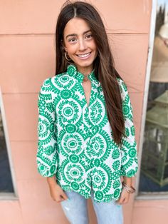 Obsessed with everything about this top! The color & print is stunning & the buttons add such a pretty detail! 100% Polyester Hand wash cold & hang dry Ships from Valdosta Ga Green Printed Spring Tops, Floral Print Tops With 3/4 Sleeves For Vacation, Green Fall Vacation Tops, Long Sleeve Patterned Tops For Vacation, Floral Print Tops With 3/4 Sleeves For Day Out, Spring Vacation Tops With 3/4 Sleeves, Green Printed Cotton Blouse, Vacation Printed Blouse With 3/4 Sleeves, Green Printed Blouse For Day Out