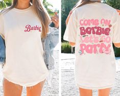 two pictures of a woman wearing a t - shirt with the words barbie on it