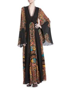 Etro V-Neck Flared-Sleeve Damask-Print Silk Long Gown w/ Lace Insets Silk Long Gown, Damask Print, Silk Gown, Lace Inset, Long Gown, Beautiful Clothes, My Dress, Sewing Project, Shop Clothing