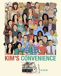 a large group of people standing in front of a building with the words kim's convenience on it