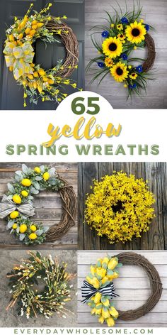 yellow spring wreaths with sunflowers and greenery