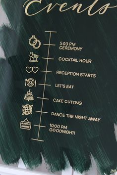 the menu for an event is drawn on a blackboard with gold lettering and green brush strokes