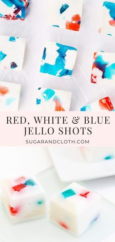 red, white and blue jello shots on a plate with the text overlay