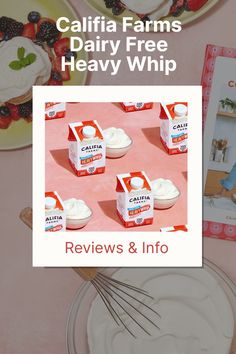 the califia farms dairy free heavy whip recipe is shown on a pink table