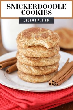 a stack of cinnamon sugar cookies on a plate with cinnamon sticks