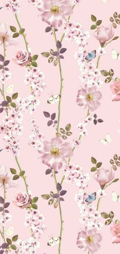 a pink wallpaper with flowers and butterflies on it