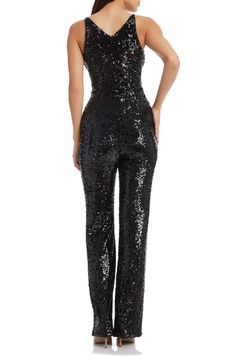 Standout at the party in this figure-skimming jumpsuit designed in a sleeveless silhouette with wide legs. 60 1/2" length (size Small) V-neck Lined 95% polyester, 5% spandex Hand wash, dry flat Imported Black Sequin Jumpsuit, Sequin Jumpsuit, Shop Dress, Designer Jumpsuits, Pink Jumpsuit, Strapless Jumpsuit, Dress The Population, White Jumpsuit, Home Dress