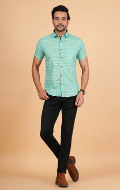 Hand block Printed Cotton Handmade shirt for men Summers Regular smart Fit Shirt Beach wear Cotton Shirt , Pure Cotton Shirt Aqua Green Half sleeve  Product Details Item: Half Sleeve Crop - Hip Length Shirt Material: 100% Pure Cotton Print: Sanganeri Hand Block Print Sleeves: Half Sleeves Size Chart M: Chest 40 inches, Length 28 inches, Sleeve 8.5 Inches L: Chest 42 inches, Length 28.5 inches, Sleeve 9.0 Inches XL: Chest 44 inches, Length 29 inches, Sleeve 9.5 Inches XXL: Chest 46 inches, Length 29 inches, Sleeve 9.5 Inches Product Specification Color: Aqua Green, White, Brown. Wash Care: Hand washable, Machine Wash Stitching: Cotton Threads, Wooden Button Indulge in the elegance of our meticulously crafted Half Sleeve crop Shirt. Tailored from 100% pure cotton and adorned with the exquisi Half Sleeve Shirt, Tropical Fashion, Smart Fit, Handmade Shirts, Half Sleeve Shirts, Green Hand, Hand Block Print, Fashion Sale, Aqua Green