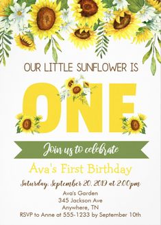 a sunflower birthday party is shown with the number one on it's card