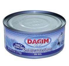 an open can of dagm tuna with white tuna in oil on a white background