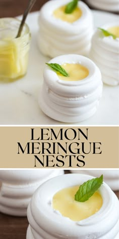 lemon meringue nests with mint leaves on top