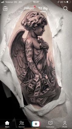 an angel with money on it's back is shown in black and grey ink