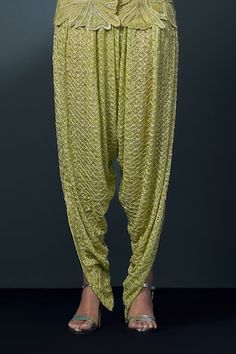 Arctic lime kurta with floral cutwork embroidery. Paired with an embroidered pinwheel dhoti pant and belt. - Aza Fashions Kurta Dhoti For Woman, Women Dhoti Kurta Set, Dhoti Pants Women, Tulip Dhoti Pattern, Anamika Khanna Dhoti Drapes, Ritika Mirchandani, Floral Cutwork, Dhoti Pants, Cutwork Embroidery