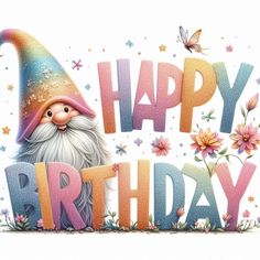 a happy birthday card with an image of a gnome