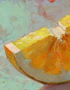 a painting of an orange slice on a plate