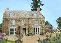 a painting of a stone house with flowers in the foreground and trees on either side