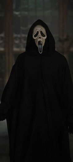 a person in a black robe with a scream mask on