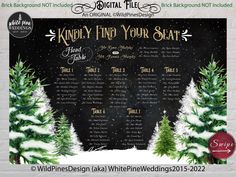 a chalkboard christmas tree seating chart on a brick wall with snow and evergreen trees