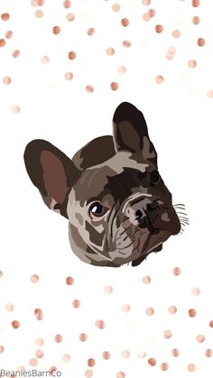 a painting of a dog's face on a white background with pink and brown dots