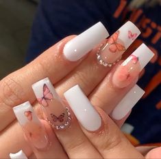 Almond Shaped Nail Ideas Simple, Short Nail Designs Solid Color, Medium Square Nails With Rhinestones, Spring Butterfly Nails, Nails With Butterflies, Cnd Nail Polish, White Coffin Nails, Art Guide, Long Acrylic Nail Designs