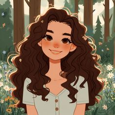 a girl with long brown hair standing in the middle of a forest, surrounded by wildflowers