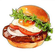 a drawing of a burger with lettuce, tomato and cheese on it's bun