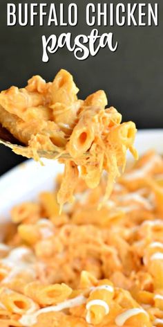 a spoon full of buffalo chicken pasta on a white plate with the title above it