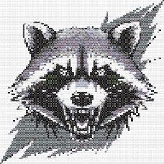 a cross stitch pattern of a raccoon's face with black and white details