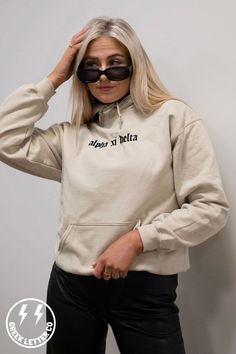 Sweatshirt Inspiration, Light Blue Sweatshirt, Letter Hoodie, Letter Sweatshirt, Red Thread, Gildan Hoodie, Black Thread, Black Sweatshirt, Sorority Shirts