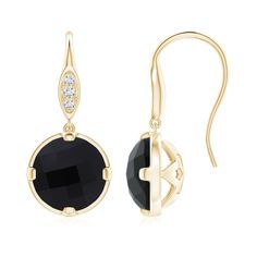 Stylish and elegant, these round black onyx earrings in 18k yellow gold are a captivating pair. The stunning black onyxes are prong-set and linked to fish hooks, accented with sparkly diamonds. Black Earrings With Diamond Accents, Luxury Black Round Diamond Earrings, Black Diamond Earrings With Accents For Formal Occasions, Black Diamond Earrings With Accents For Formal Events, Black Round Diamond Earrings, Formal Black Diamond Earrings With Prong Setting, Classic Black Diamond Earrings For Formal Occasions, Yellow Gold Onyx Round Earrings, Elegant Black French Hook Earrings