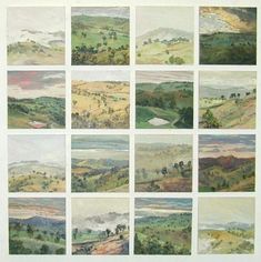 nine paintings of hills and valleys in different colors, each with trees on the other side