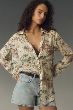 Easy and effortless, the much-adored Romy features two front pockets, back pleat details, and dreamy draping. | The Romy Relaxed Buttondown Shirt by Pilcro in White, Women's, Size: 2XS, Viscose at Anthropologie Japan Woman, Plus Dresses, Boho Blouses, Home Free, Premium Denim, Accessories Home, Distressed Denim, Effortless Style, Day Dresses