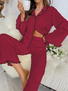 Women's Fashion Long Sleeve Shirt And Pants Pajama Set Red Casual-Woman  Long Sleeve Woven Fabric Plain Pant Sets Slight Stretch All,Fall/Winter Women Sleep & Lounge, size features are:Bust: ,Length: ,Sleeve Length: Red Pajamas, Plain Pants, Printed Sleeveless Top, Women Shawl, Pajamas Set, Pajama Set Women, Pyjama Set, Shirt And Pants, Winter Women