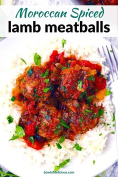 moroccan spiced lamb meatballs served over white rice on a plate with a fork