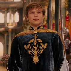 a young man dressed in medieval clothing standing next to flags