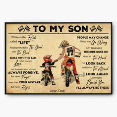 two motorcyclists holding hands to each other with the words to my son on them