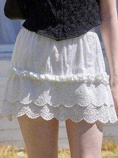 This is a trendy and feminine skirt by LETTER FROM MOON that is made out of high quality and sturdy material. With distinctive mood of the design and comfortable wear, you can style it for your casual daily outfit.- Scallop lace fabric layered hem- Lace detail on the upper for 3 layers- Mini length and A line silhouette- Feminine and casual mood Chic White Skirt With Lace Patchwork, Spring Mini Skirt With Lace Patchwork, Chic Lace Patchwork Skirt, White Lace Patchwork Bottoms For Spring, Fitted White Bottoms With Lace Patchwork, White Bottoms With Lace Patchwork For Spring, White Lace Patchwork Skirt For Spring, Spring Skirt With Lace Patchwork, Elegant White Bottoms With Lace Patchwork