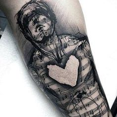 a tattoo with music notes and a girl holding a heart in her hands, on the arm