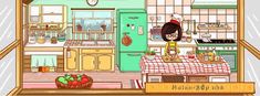 an animated image of a woman cooking in the kitchen