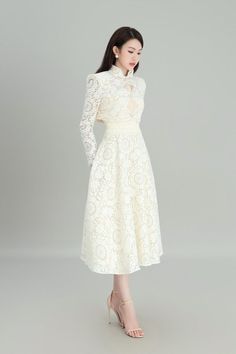 Elegant Lace Trim Dress For Fall, Elegant Fall Lace Dress With Lace Trim, Long Sleeve Beige Lace Dress With Patchwork, Spring Lace Dress With Lace Cuffs, Beige Long Sleeve Lace Dress With Patchwork, Elegant Winter Lace Dress, Chic Long Sleeve Lace Dress With Lace Collar, Feminine Long Sleeve Lace Patchwork Dress, Elegant Long Sleeve Beige Lace Dress