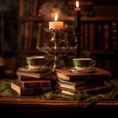 a candle is lit on top of some books with two cups and saucers in front of them