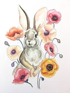 a watercolor painting of a rabbit surrounded by poppies and anemone flowers