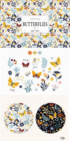 butterflies and flowers are shown on the side of a wallpaper with different colors, shapes and sizes