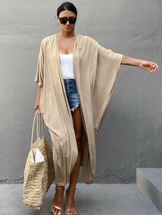 Color: khaki beach cover up, Size: One Size Beige Kimono, Cover Up Kimono, Kimono Women, Tie Dye Swimsuit, Purple Beach, Simple Tank Tops, Tunic Dresses, Beach Blouse, Bohemian Tunics