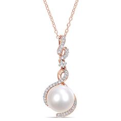 She’ll adore the fanciful design of this surprising pearl, gemstone and diamond drop pendant. Crafted in sterling silver with rose rhodium plate, this artistic style features a lustrous 10.0 - 10.5mm cultured freshwater pearl wrapped in a clever arrangement of sculpted ribbons lined with sparkling diamonds. A shimmering 2.0mm white sapphire dots the design for a unique touch. Captivating with 1/6 ct. t.w. of diamonds and a bright polished shine, this pendant suspends along an 18.0-inch cable cha Elegant Rose Gold Teardrop Pendant Necklace, Elegant Rose Gold Teardrop Necklace, Elegant Pearl Necklace With Diamond Gems, Elegant Rose Gold Jewelry With Pearl Charm, Elegant Rose Gold Pearl Necklace, Fine Jewelry Rose Gold Pearl Pendant, Elegant Teardrop Pearl Necklace, Elegant Rose Gold Necklace With Pearl Drop, Elegant Rose Gold Pearl Necklace For Formal Occasions