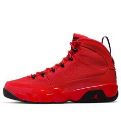 The Nike Air Jordan 9 Retro "Chile Red" is a nod to the 2012 "Motorboat Jones" colorway. This vibrant red sneaker features a textile upper, speed lacing system, and tonal patent leather on the mudguard, collar, and heel. Black accents include the tongue tag, molded eyelets, and pull loop at the heel. A glossy red polyurethane midsole and black rubber outsole complete the look of this stylish sneaker. (AJ9/SNKR/High Top/Basketball) Red Breathable Lace-up Custom Sneakers, Sports High-top Lace-up Sneakers With Red Sole, University Red Sneakers For Sports, Red Sole High-top Lace-up Sneakers For Sports, Lace-up High-top Sneakers With Red Sole For Sports, Red Streetwear Running Shoes, Red Mid-top Outdoor Sneakers, Red Mid-top Sneakers For Outdoor, University Red Lace-up High-top Sneakers For Sports